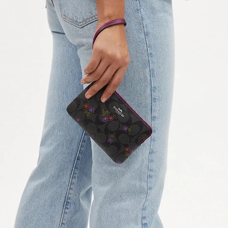 COACH Corner Zip Canvas With Leather Wallet Wrist Bag Clutch Small Size Women's Graphite/Dark Raspberry-4