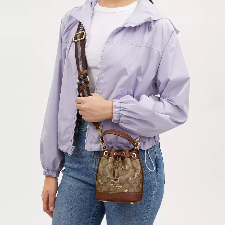COACH Dempsey Coated Canvas With Shell Pattern Leather Bucket Bag Handbag Shoulder Bag Crossbody Bag Mini Women's Khaki-4