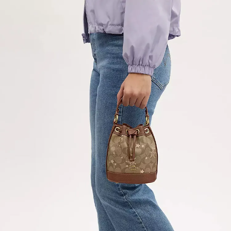 COACH Dempsey Coated Canvas With Shell Pattern Leather Bucket Bag Handbag Shoulder Bag Crossbody Bag Mini Women's Khaki-3