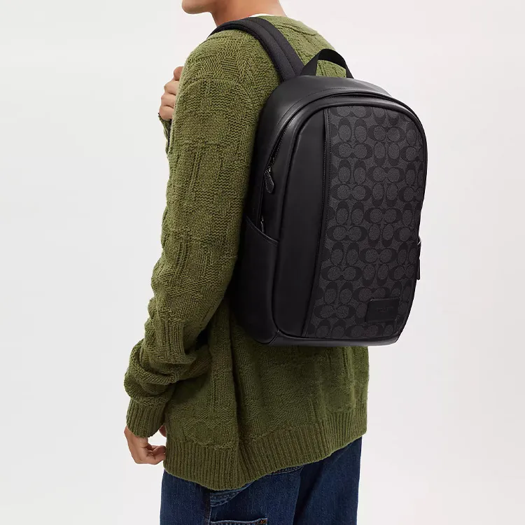 COACH Edge Coated Canvas With Smooth Calfskin Backpack Large Size Men's Gunmetal & Wood Charcoal & Black-3