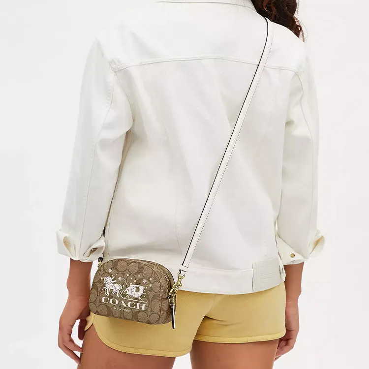 COACH Serena Coated Canvas With Smooth Leather Camera Bag Shoulder Bag Crossbody Bag Mini Women's Gold & Khaki & Chalk-3