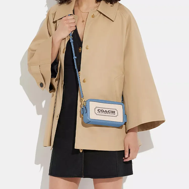COACH Kira Canvas With Refined Calfskin Clutch Camera Bag, Shoulder Bag, Crossbody Bag Small Size Women's White & Blue-4