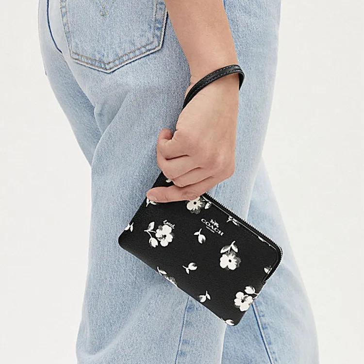 COACH Corner Zip Leather Wrist Bag Clutch Small Size Women's Silver Hardware & Chalk Multicolor-2