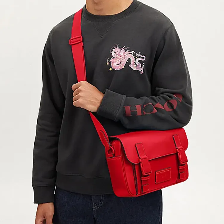COACH Track Cow Leather Messenger Bag Shoulder Bag Crossbody Bag Large Size Men's Red-3