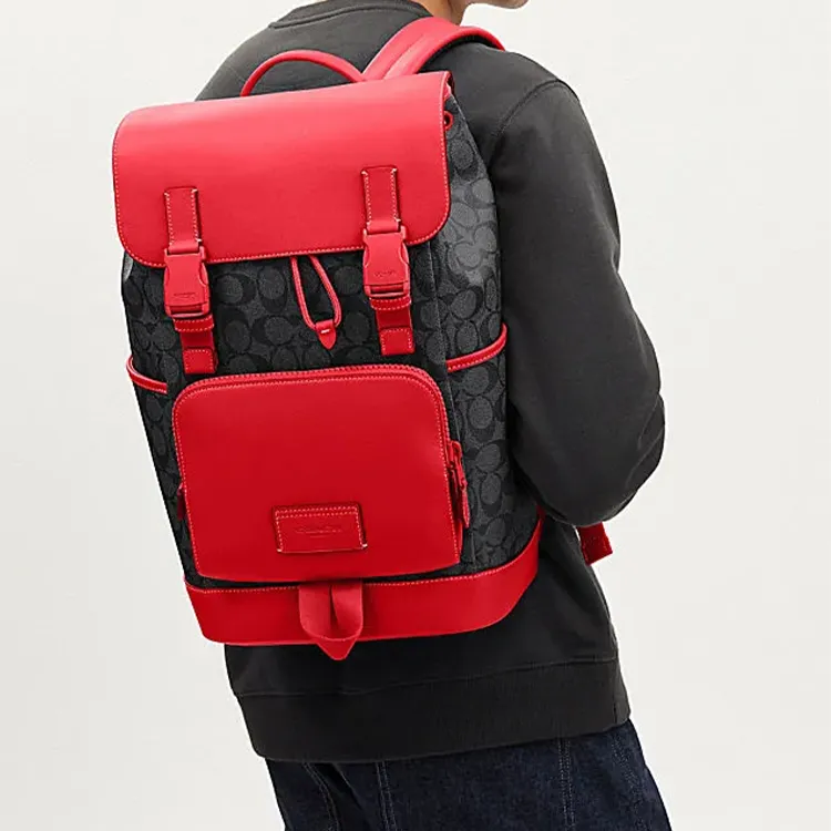COACH Track Cow Leather With Artificial Leather Backpack Large Size Men's Charcoal Gray With Bright Yumei Pink Accents-3