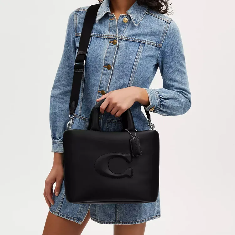 COACH Pillow Smooth Leather Tote Bag, Shopping Bag, Shoulder Bag, Crossbody Bag, Handbag Tubas Women's Silver & Black-4