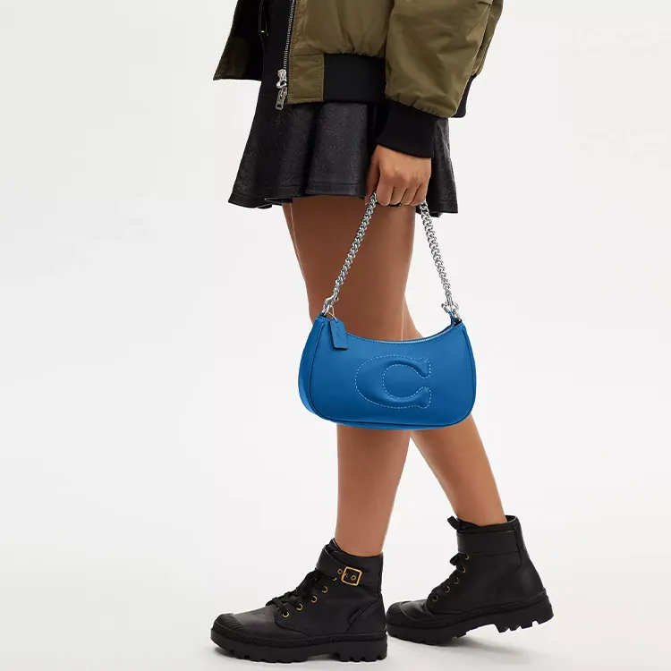 COACH Teri Nappa Leather Shoulder Bag, Portable Crossbody Bag Women's Silver & Bright Blue-3