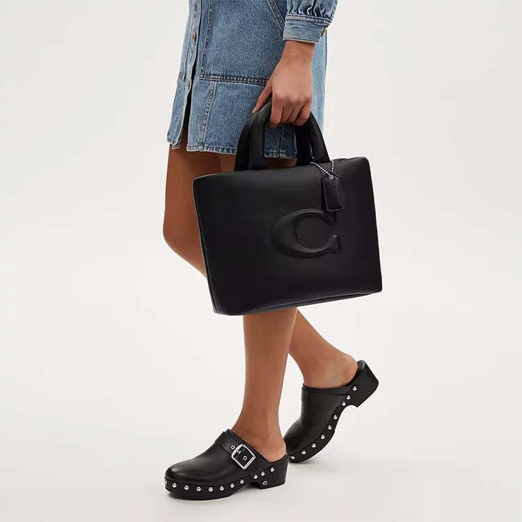 COACH Pillow Smooth Leather Tote Bag, Shopping Bag, Shoulder Bag, Crossbody Bag, Handbag Tubas Women's Silver & Black-5