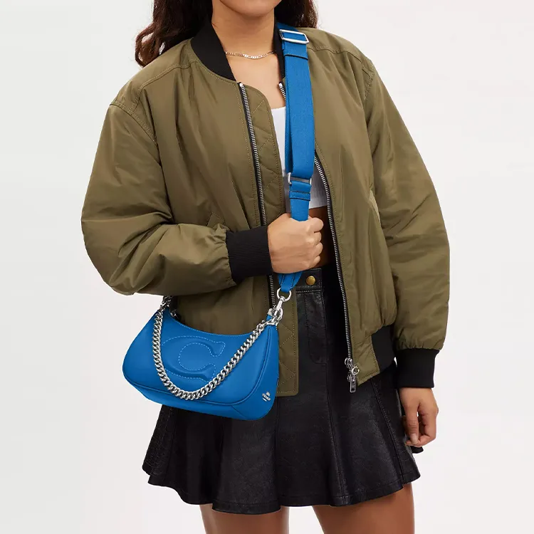 COACH Teri Nappa Leather Shoulder Bag, Portable Crossbody Bag Women's Silver & Bright Blue-4