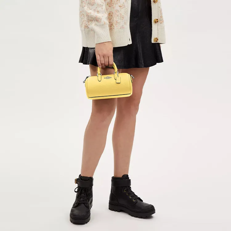 COACH Lacey Pebbled Leather Boston Bag, Handbag, Shoulder Bag, Crossbody Bag Trumpets Women's Silver & Vintage Yellow-3