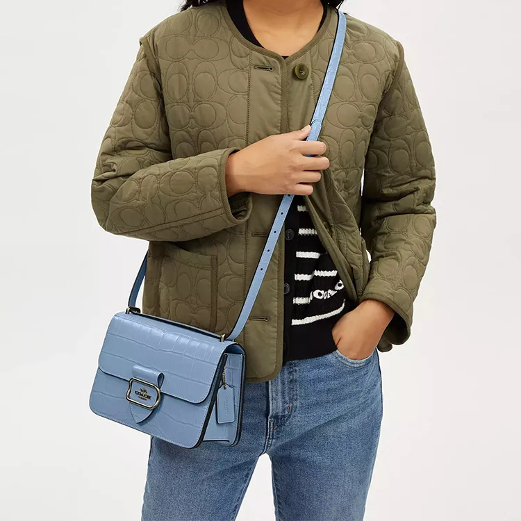 COACH Morgan Crocodile Embossed Leather Shoulder Bag, Crossbody Bag Medium Size Women's Bronze With Cornflower Blue-4