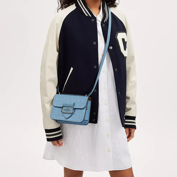 COACH Morgan Crocodile Embossed Leather Shoulder Bag, Crossbody Bag Trumpets Women's Bronze & Cornflower Blue-4