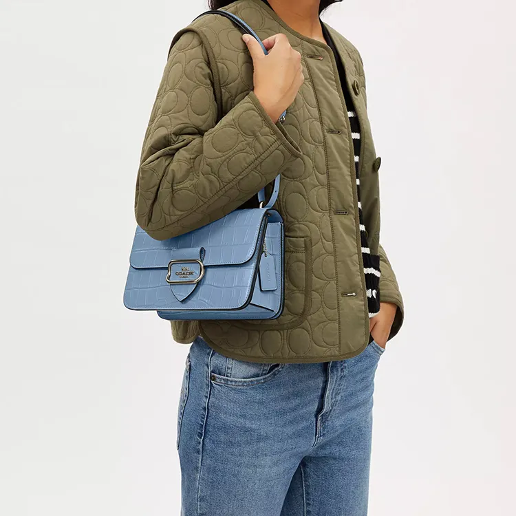 COACH Morgan Crocodile Embossed Leather Shoulder Bag, Crossbody Bag Medium Size Women's Bronze With Cornflower Blue-3