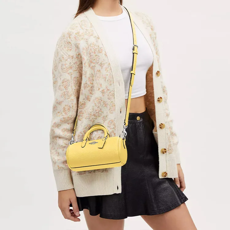 COACH Lacey Pebbled Leather Boston Bag, Handbag, Shoulder Bag, Crossbody Bag Trumpets Women's Silver & Vintage Yellow-4