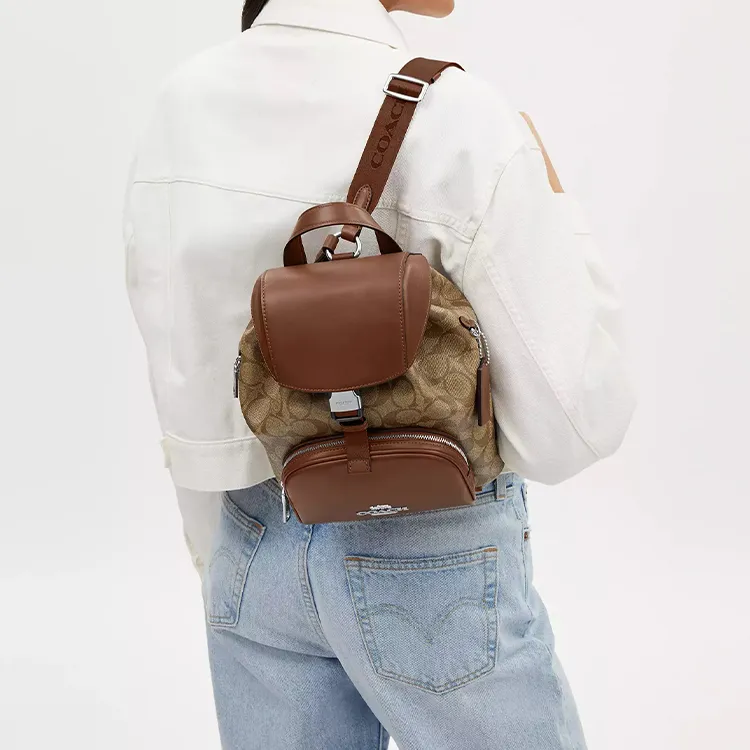 COACH Coated Canvas With Genuine Calfskin Backpack Small Size Women's Khaki & Saddle Brown-3