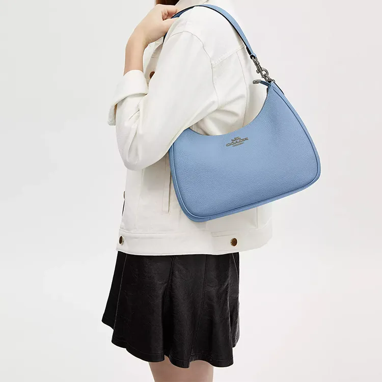 COACH Hobo Pebbled Leather Crescent Bag Shoulder Bag Handbag Shoulder Bag Women's Bronze Stacked Cornflower Blue-3
