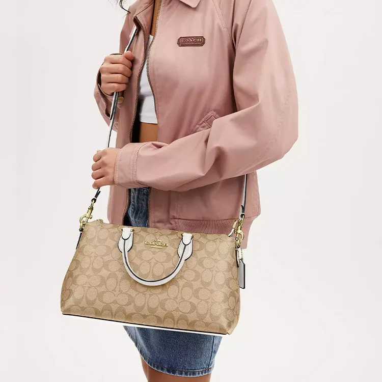 COACH Coated Canvas With Smooth Leather Shoulder Bag Crossbody Bag Handbag Large Size Women's Gold & Light Khaki-4