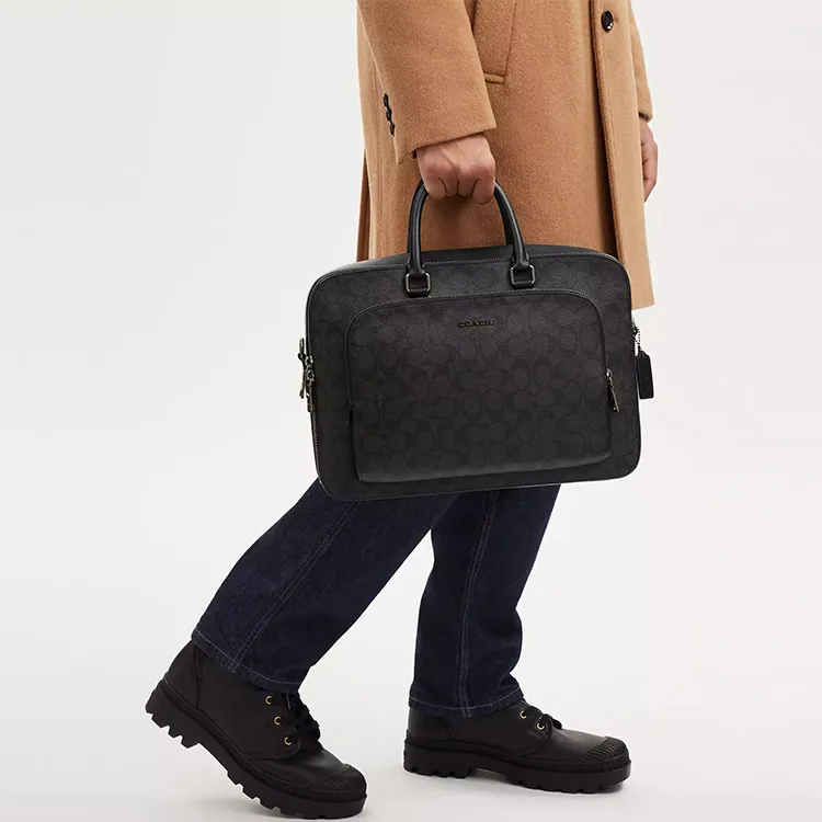 COACH ETHAN Coated Canvas With Smooth Calfskin Briefcase, Shoulder Bag, Crossbody Bag, Handbag Tubas Men's Black-3