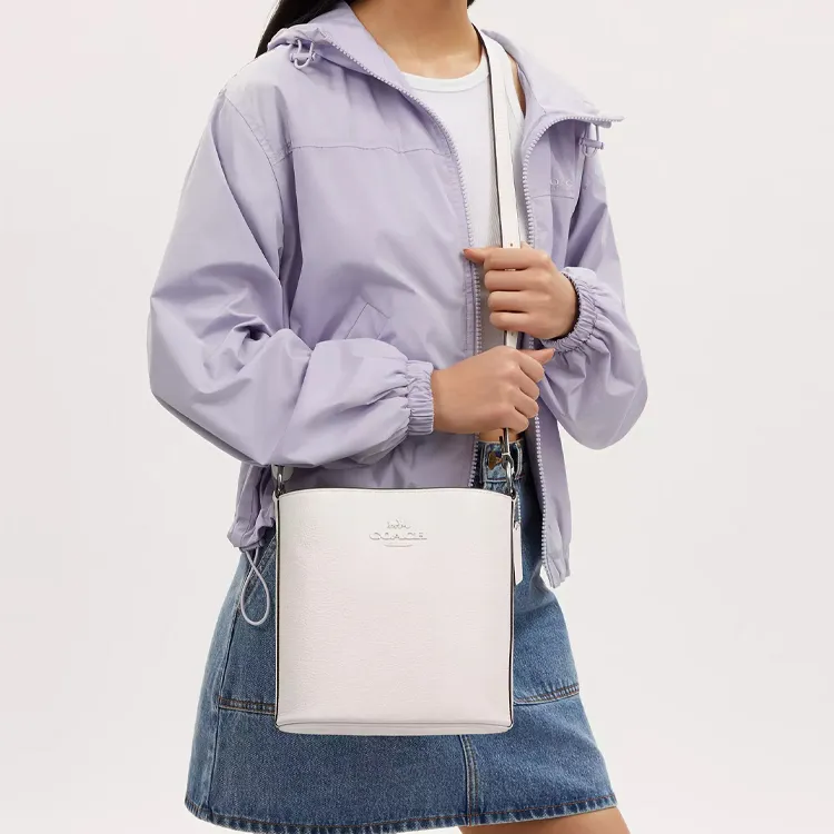 COACH Refined Pebbled Leather Bucket Bags Crossbody Bag, Shoulder Bag Small Size Women's Silver & Chalk-4