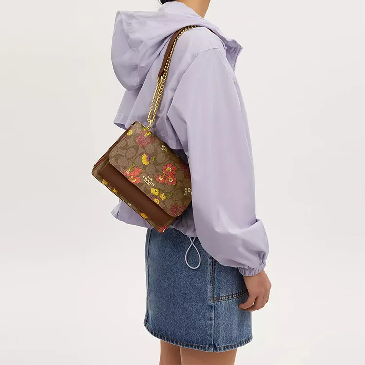 COACH Klare Coated Canvas With Smooth Leather Shoulder Bag, Crossbody Bag Small Size Women's Gold & Khaki Multicolor-3