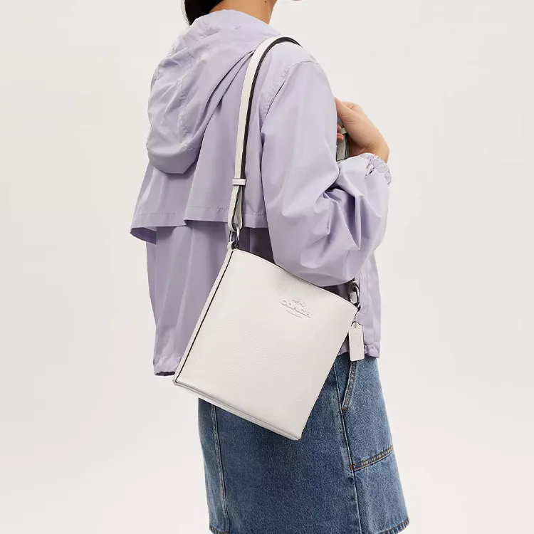 COACH Refined Pebbled Leather Bucket Bags Crossbody Bag, Shoulder Bag Small Size Women's Silver & Chalk-3