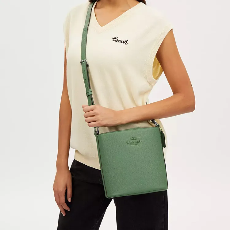 COACH Pebbled Leather Bucket Bags Crossbody Bag Shoulder Bag Small Size Women's Silver & Light Green-3
