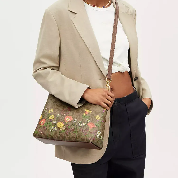 COACH Coated Canvas And Smooth Leather Handbag Tubas Women's Gold & Khaki Multicolor-3