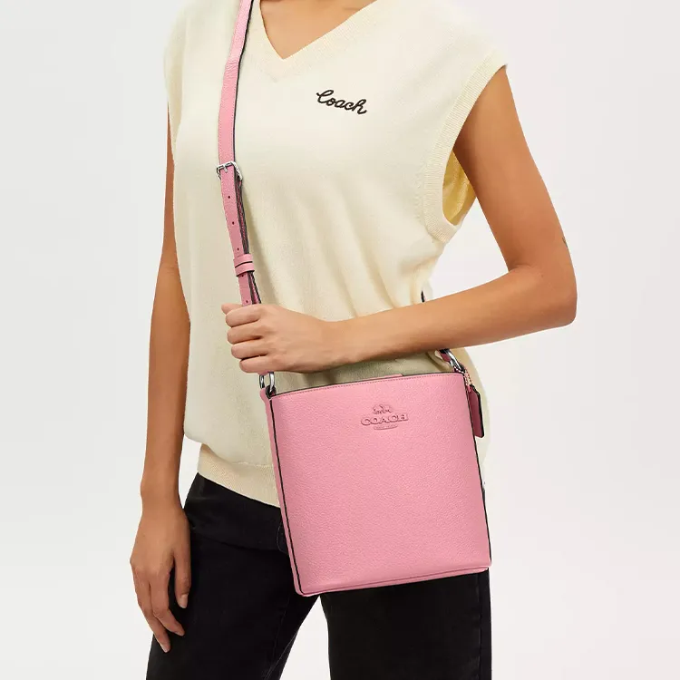 COACH Delicate Pebbled Leather Bucket Bags Crossbody Bag Shoulder Bag Small Size Women's Silver & Blossom Pink-4