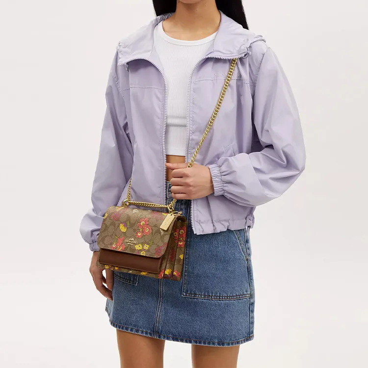 COACH Klare Coated Canvas With Smooth Leather Shoulder Bag, Crossbody Bag Small Size Women's Gold & Khaki Multicolor-4