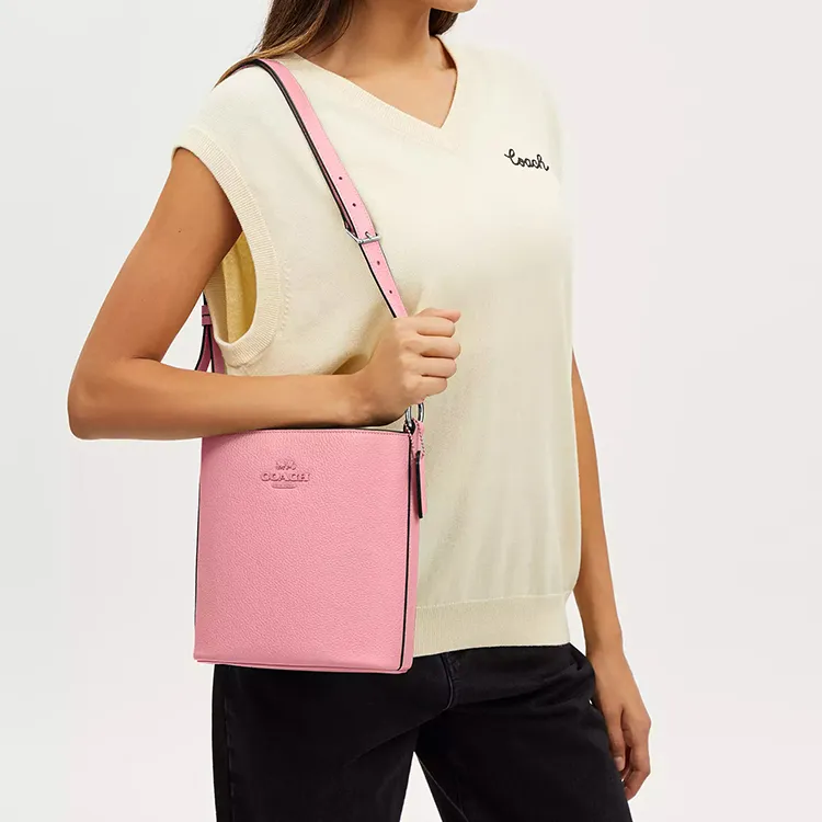 COACH Delicate Pebbled Leather Bucket Bags Crossbody Bag Shoulder Bag Small Size Women's Silver & Blossom Pink-3
