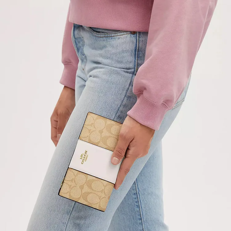 COACH Slim Wallet Coated Canvas With Smooth Leather Wallet Small Size Women's Light Khaki & White-3