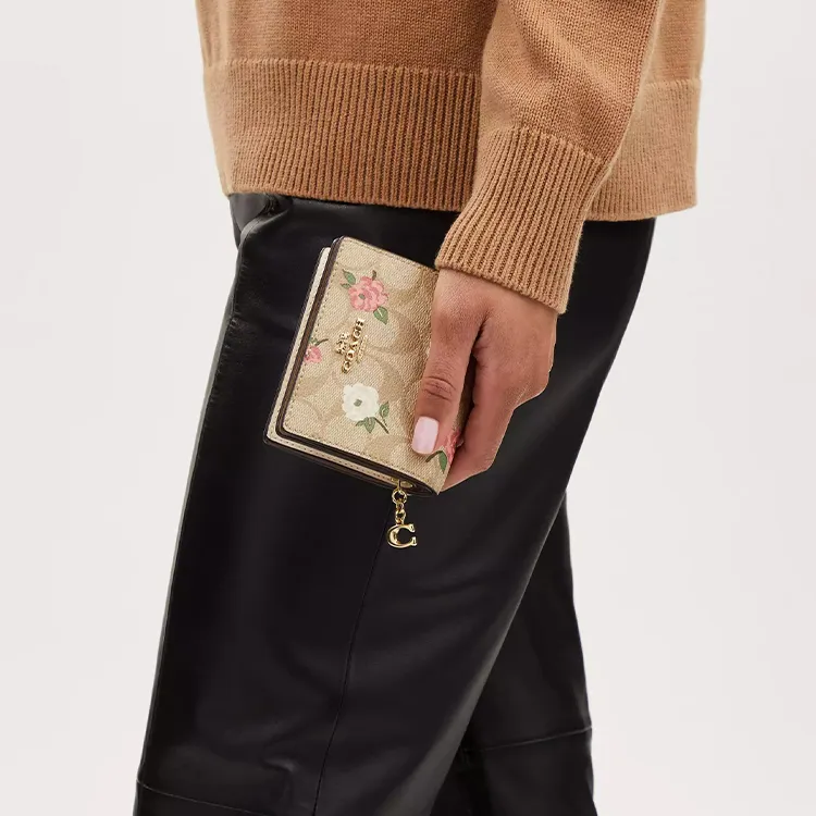 COACH Snap Wallet Iconic Coated Canvas With Smooth Leather Wallet Mini Women's Gold & Light Khaki Chalk Multicolor-3