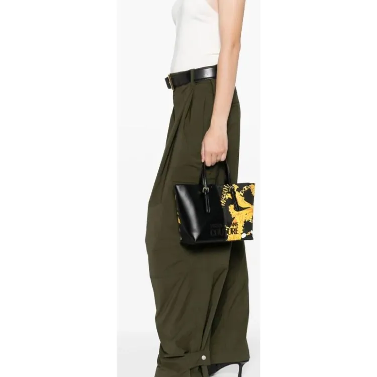 VERSACE JEANS COUTURE Artificial Leather Tote Bag, Shopping Bag, Handbag Women's Black & Gold-5