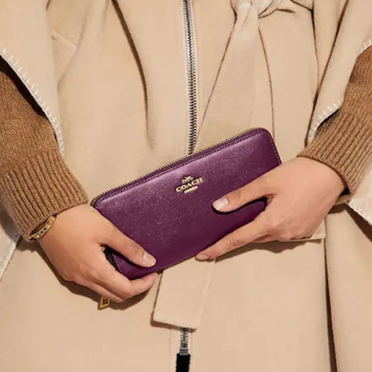 COACH Accordion Zip Premium Calfskin Card Holder Wallet Small Size Women's Dark Purple-4