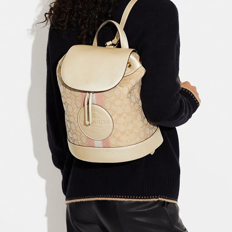 COACH Dempsey Jacquard Fabric With Pebbled Leather And Calfskin Backpack Medium Size Women's Khaki-3