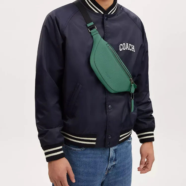 COACH Warren Pebbled Leather With Smooth Calfskin Fanny Pack Large Size Men's Black Antique Nickel & Bright Green-4