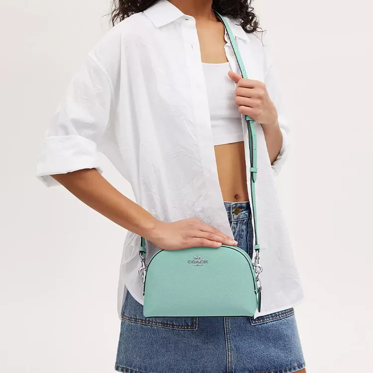 COACH Cross Grain Leather Dome Bag, Shoulder Bag, Crossbody Bag Trumpets Women's Silver & Faded Blue-3