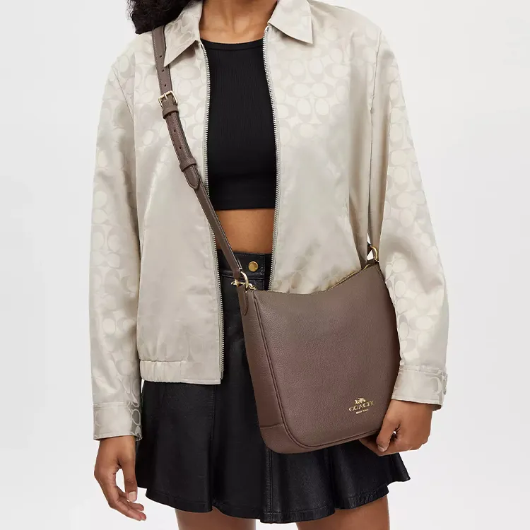 COACH Ellie Refined Pebble Pattern Leather Shoulder Bag, Crossbody Bag Medium Size Women's Dark Stone Color-3