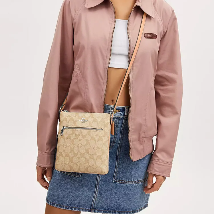 COACH Rowan Coated Canvas With Recycled Leather Shoulder Bag Crossbody Bag Small Size Women's Light Khaki & Faded Blush-3
