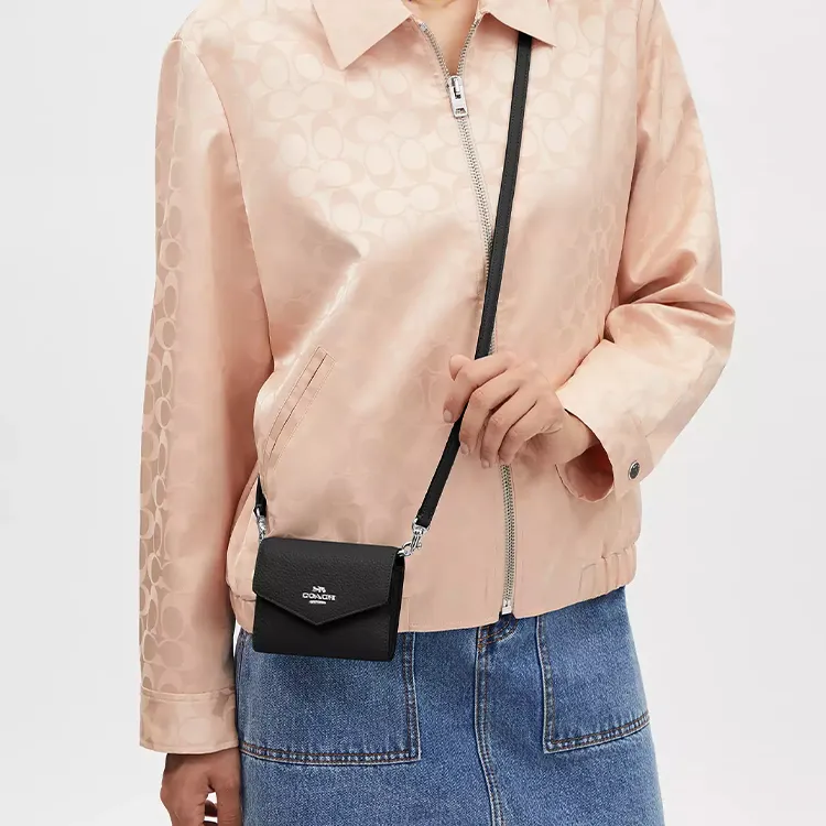 COACH Envelope Delicate Pebbled Leather Shoulder Bag Crossbody Bag Wallet Mini Women's Black-3