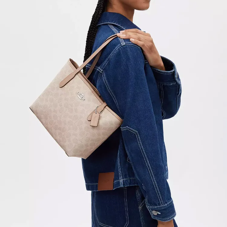 COACH City Coated Canvas With Leather Tote Bag, Shopping Bag, Shoulder Bag, Handbag Medium Size Women's Silver & Sand-3