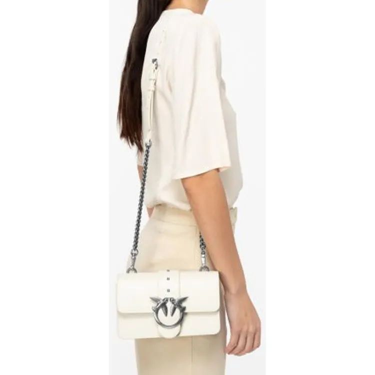 PINKO Cow Leather Shoulder Bag, Crossbody Bag Mini Women's White-4