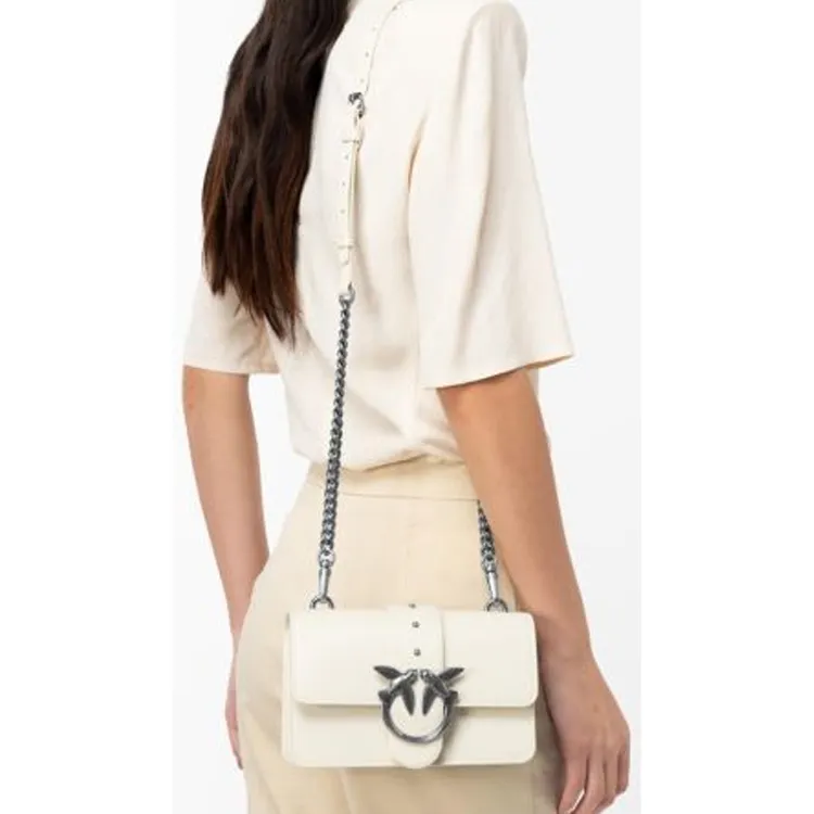 PINKO Cow Leather Shoulder Bag, Crossbody Bag Mini Women's White-5