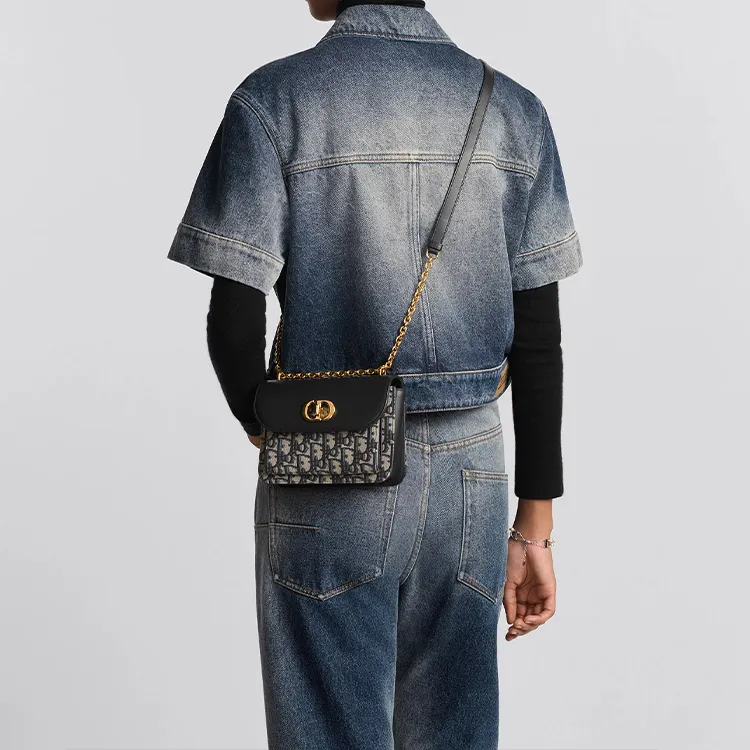 DIOR Cotton With Cow Leather Patchwork Shoulder Bag Crossbody Bag Mini Women's Blue-5