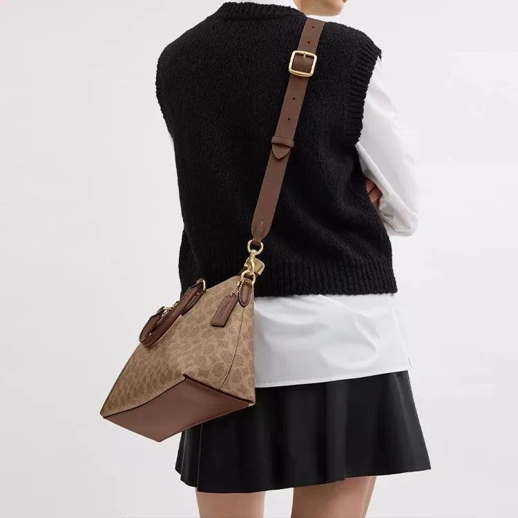 COACH Coated Canvas Bag Shoulder Strap Unisex Gold & Tan & Brown-2