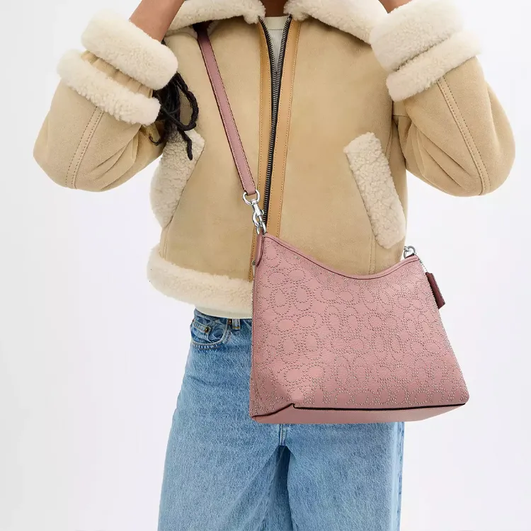 COACH Refined Pebble Pattern Leather Portable Crossbody Bag, Shoulder Bag Tubas Women's Silver & Pink Petal-3