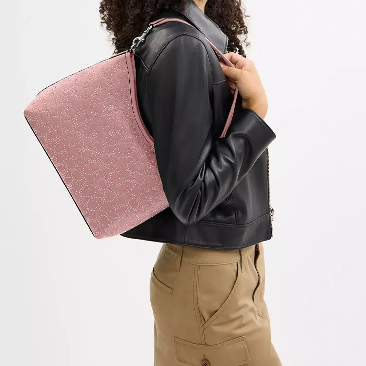 COACH Refined Pebble Pattern Leather Portable Crossbody Bag, Shoulder Bag Tubas Women's Silver & Pink Petal-4