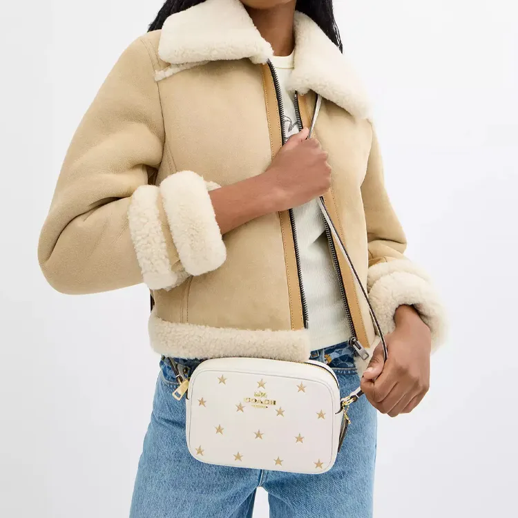 COACH Jamie Refined Pebble Pattern Leather Camera Bag, Crossbody Bag, Shoulder Bag Mini Women's Gold & Chalk Multicolor-4