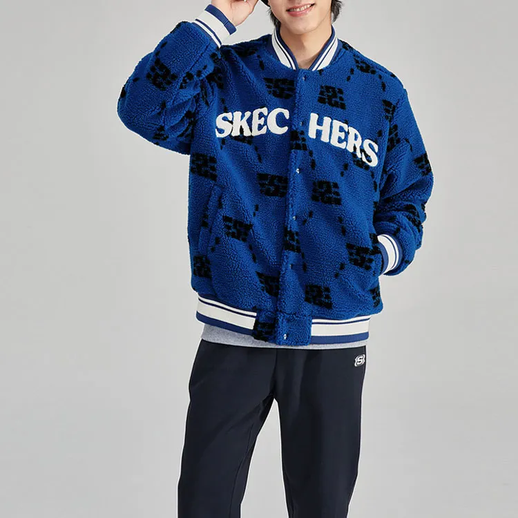 Skechers Puffer Jacket Unisex Blue Base Racing S Letter Large Grid All Over Print-1