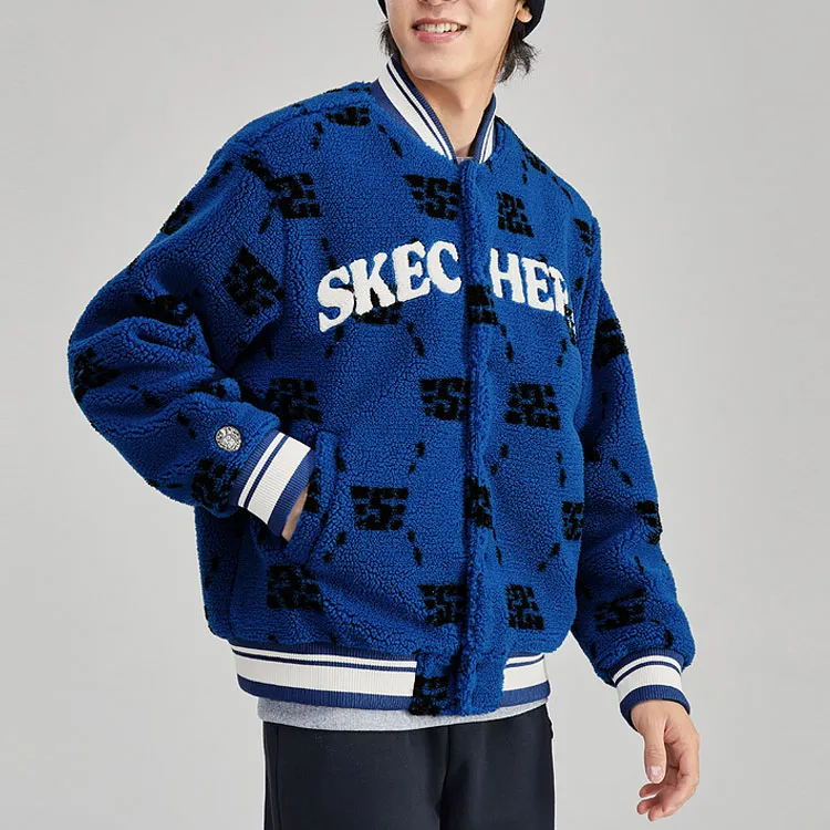 Skechers Puffer Jacket Unisex Blue Base Racing S Letter Large Grid All Over Print-2